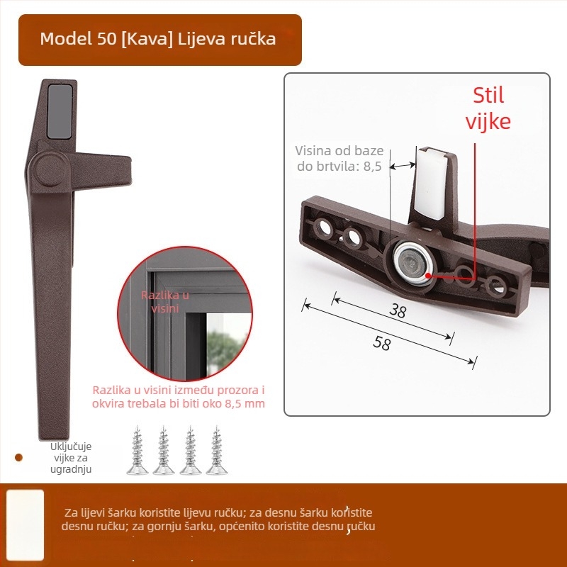 Kvaka za prozor od cinkovog legura, moderan stil, univerzalna, model 535353, pogodna za krilne i klizne prozore