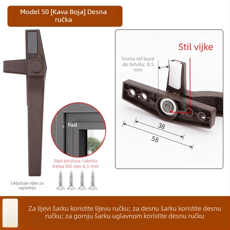 Kvaka za prozor od cinkovog legura, moderan stil, univerzalna, model 535353, pogodna za krilne i klizne prozore