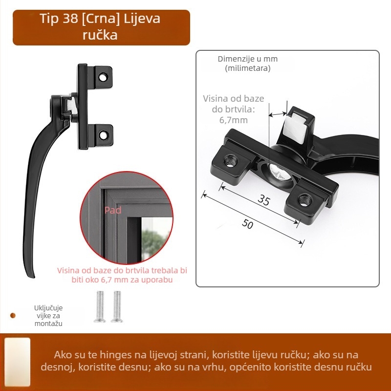Kvaka za prozor od cinkovog legura, moderan stil, univerzalna, model 535353, pogodna za krilne i klizne prozore