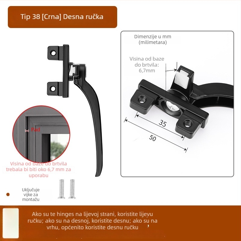 Kvaka za prozor od cinkovog legura, moderan stil, univerzalna, model 535353, pogodna za krilne i klizne prozore