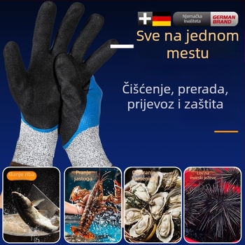 Rukavice za rukovanje morskim plodovima s vanjskim slojem od prirodne gume i Kevlarom; vodootporne, otporne na niske temperature i zadržavaju toplinu