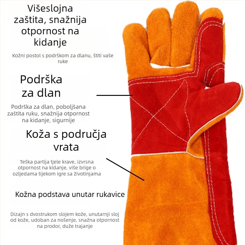 Rukavice za zaštitu kućnih ljubimaca – debeli kožni rukavice s produženom duljinom, štite od ogrebotina mačaka i ugriza pasa (Brand: Times Solid; Materijal: koža goveda; Funkcija: zaštita pri radu; prevencija ugriza životinja; Težina: 740 g)