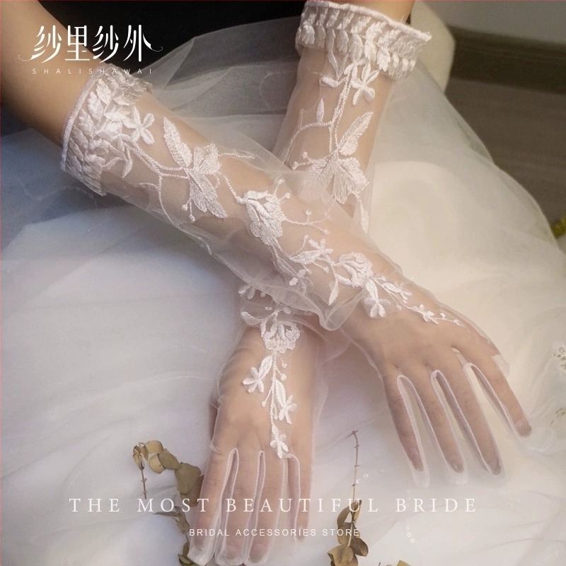 Vjenčane rukavice, dugačke, čipkaste mrežaste s cvjetnim detaljima, poliester, originalni dizajn, dekoracija, sve sezone