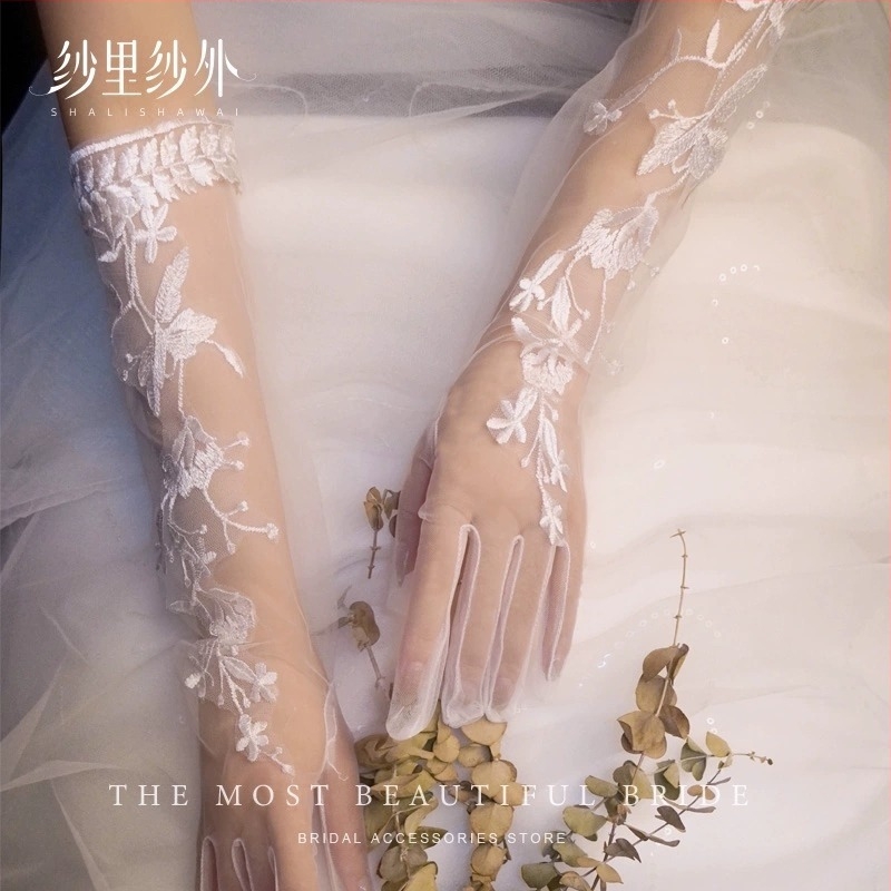 Vjenčane rukavice, dugačke, čipkaste mrežaste s cvjetnim detaljima, poliester, originalni dizajn, dekoracija, sve sezone