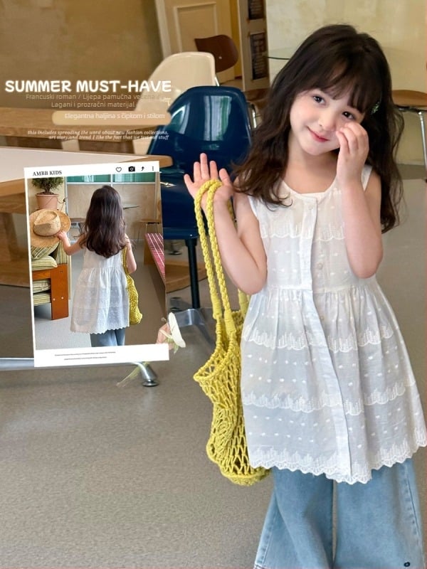 Dječja ljetna haljina s čipkom jacquard overlay, bez rukava, A‑linijski kroj, 100% pamuk šiv