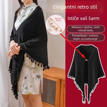 Pleteni kardigan u retro-etničkom stilu s otvorenim uzorkom, trokutasti šal-stil, osnovna pređa, prikladno za zimu, proljeće i jesen