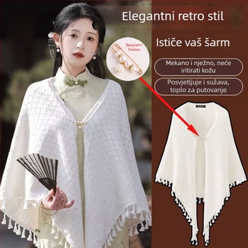 Pleteni kardigan u retro-etničkom stilu s otvorenim uzorkom, trokutasti šal-stil, osnovna pređa, prikladno za zimu, proljeće i jesen