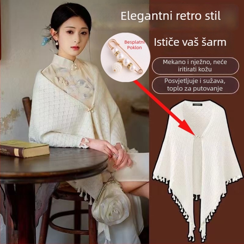 Pleteni kardigan u retro-etničkom stilu s otvorenim uzorkom, trokutasti šal-stil, osnovna pređa, prikladno za zimu, proljeće i jesen