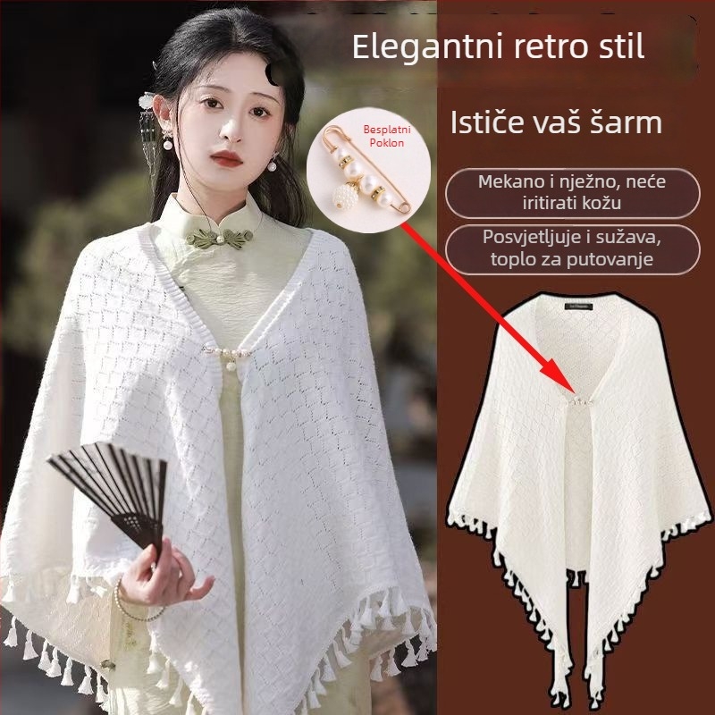 Pleteni kardigan u retro-etničkom stilu s otvorenim uzorkom, trokutasti šal-stil, osnovna pređa, prikladno za zimu, proljeće i jesen