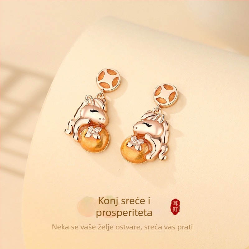 Ženski set ogrlice i naušnice sa znamenjem Konja, S925 srebro, lagani luksuzni dizajn
