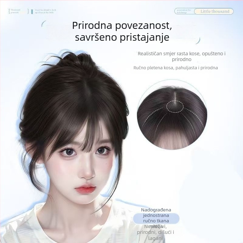 Dijelić kose s frizom u francuskom stilu, tanki nevidljivi zračni šiške, mješavina pravih vlasi, polu ručno pletene, dodaje volumen na tjeme