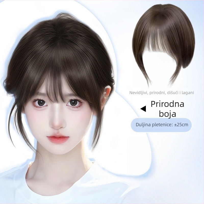 Dijelić kose s frizom u francuskom stilu, tanki nevidljivi zračni šiške, mješavina pravih vlasi, polu ručno pletene, dodaje volumen na tjeme