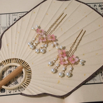 Hanfu ukosnica za kosu – U-hairpin s perlama i resicama, etnički stil, ručna izrada, materijal: legura, porijeklo: Shandong, ljeto 2024