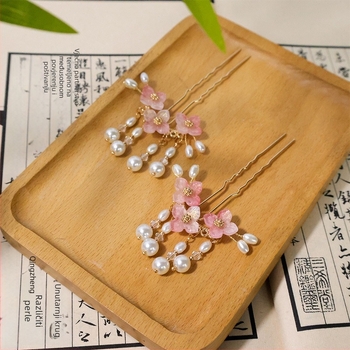 Hanfu ukosnica za kosu – U-hairpin s perlama i resicama, etnički stil, ručna izrada, materijal: legura, porijeklo: Shandong, ljeto 2024