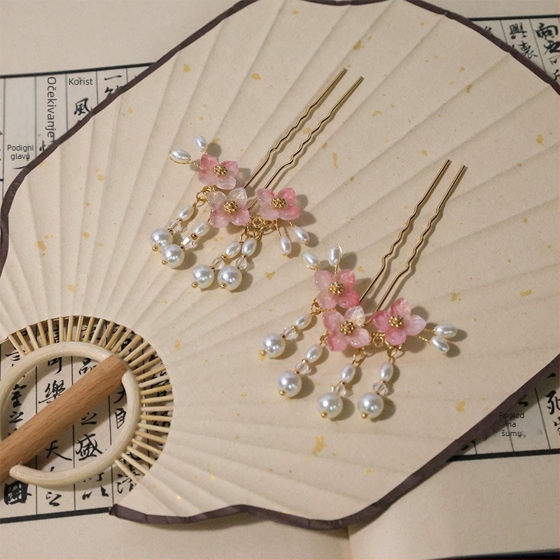 Hanfu ukosnica za kosu – U-hairpin s perlama i resicama, etnički stil, ručna izrada, materijal: legura, porijeklo: Shandong, ljeto 2024