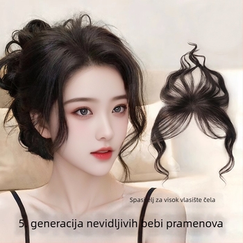 Ženski dodatak kosi za čelo i vrh, ručno izrađen, 100% ljudska kosa, može biti bojati i perm, frizura ravna ili nagnuta, nevidljiva lagana traka za liniju kose, učinak oblikovanja lica