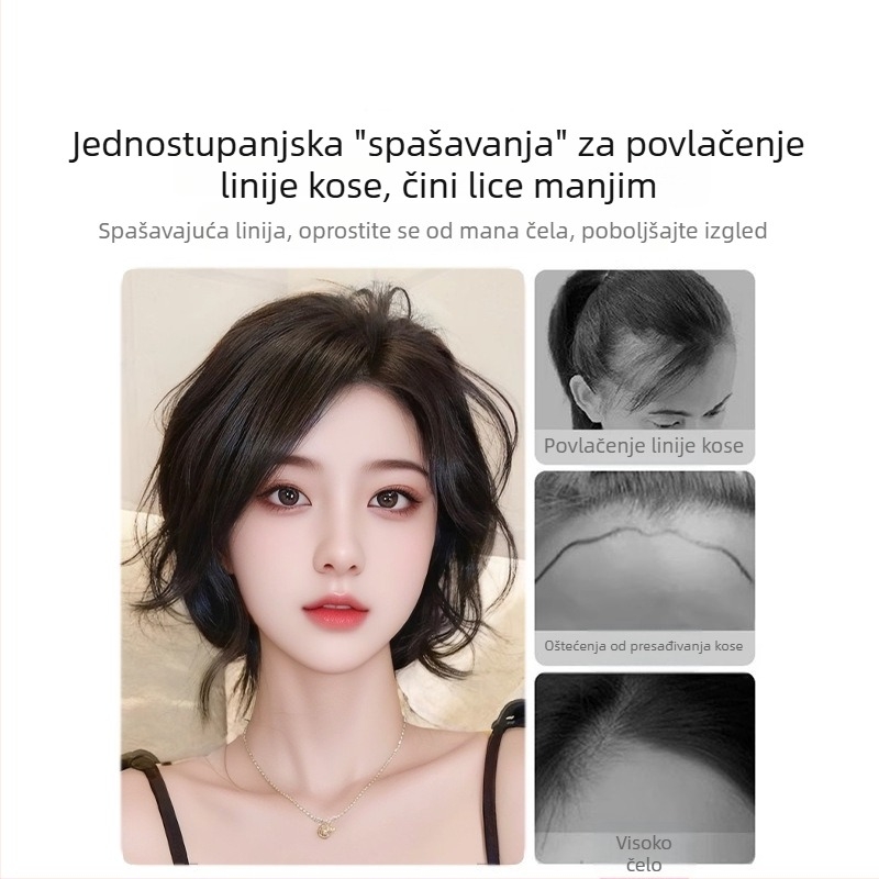 Ženski dodatak kosi za čelo i vrh, ručno izrađen, 100% ljudska kosa, može biti bojati i perm, frizura ravna ili nagnuta, nevidljiva lagana traka za liniju kose, učinak oblikovanja lica
