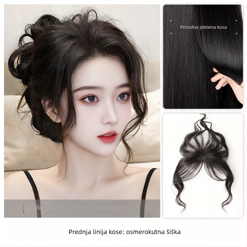 Ženski dodatak kosi za čelo i vrh, ručno izrađen, 100% ljudska kosa, može biti bojati i perm, frizura ravna ili nagnuta, nevidljiva lagana traka za liniju kose, učinak oblikovanja lica