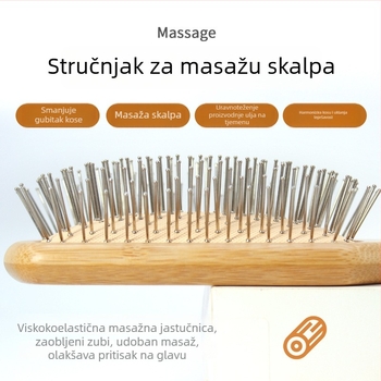 Masažna češalj od bambusa s jastučićem zraka i čeličnim iglama za masažu vlasišta i zaštitu kose