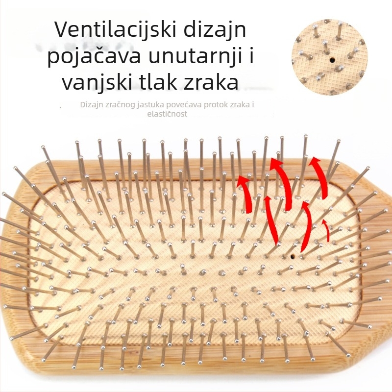 Masažna češalj od bambusa s jastučićem zraka i čeličnim iglama za masažu vlasišta i zaštitu kose