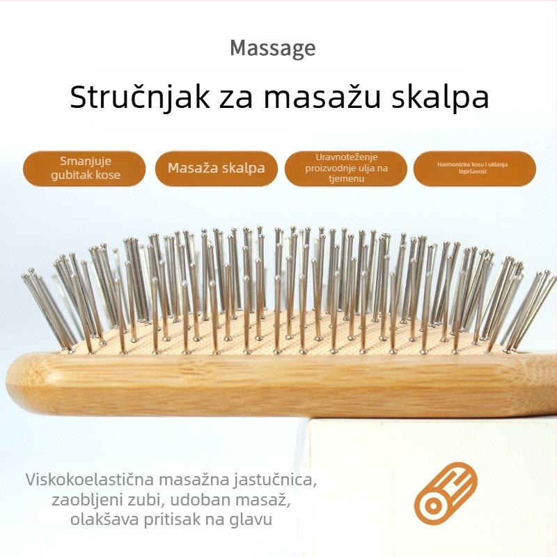 Masažna češalj od bambusa s jastučićem zraka i čeličnim iglama za masažu vlasišta i zaštitu kose