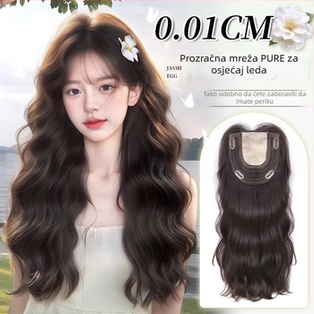 Ženska vlasna dopuna – nevidljiva i bez šava, volumen na vrhu, pokriva sijedu kosu, duga kovrčava perika s fringe; ručno tkana, kosa od proteina svile, može se bojati i permirati