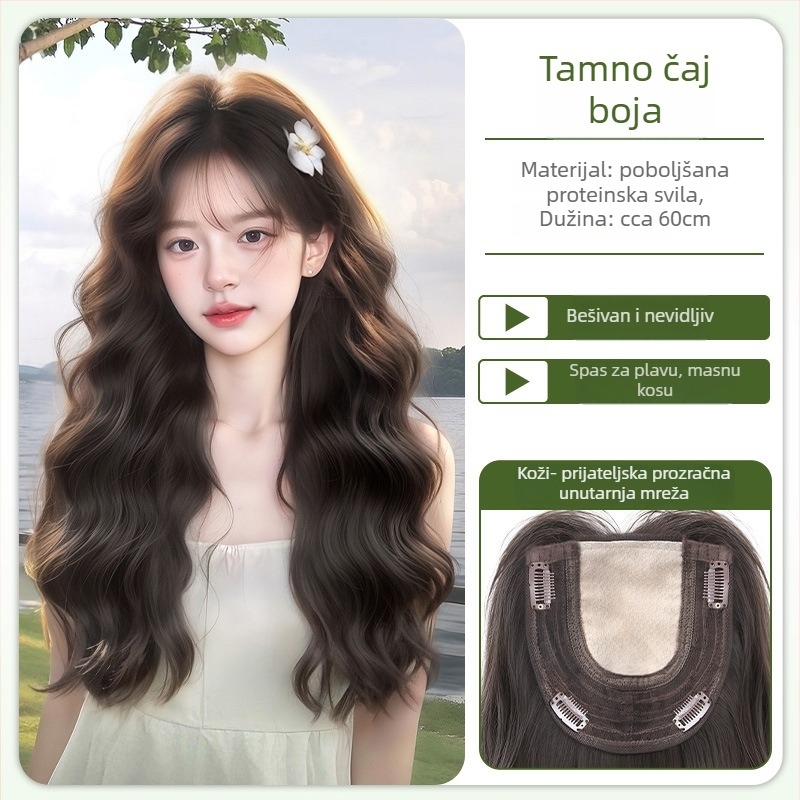 Ženska vlasna dopuna – nevidljiva i bez šava, volumen na vrhu, pokriva sijedu kosu, duga kovrčava perika s fringe; ručno tkana, kosa od proteina svile, može se bojati i permirati