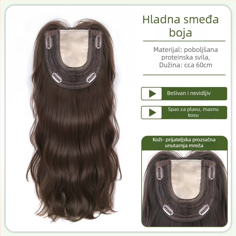 Ženska vlasna dopuna – nevidljiva i bez šava, volumen na vrhu, pokriva sijedu kosu, duga kovrčava perika s fringe; ručno tkana, kosa od proteina svile, može se bojati i permirati