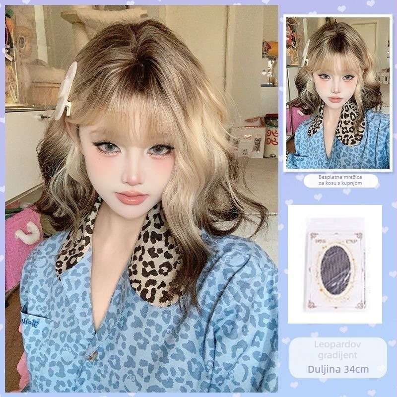 Kratka kovrčava perika s bangs, vlak visokotemperaturnih vlakana, mehanizam prerade, potpuno pokrivena glava