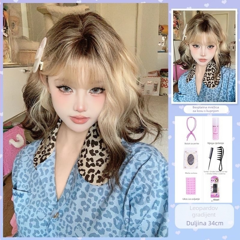 Kratka kovrčava perika s bangs, vlak visokotemperaturnih vlakana, mehanizam prerade, potpuno pokrivena glava