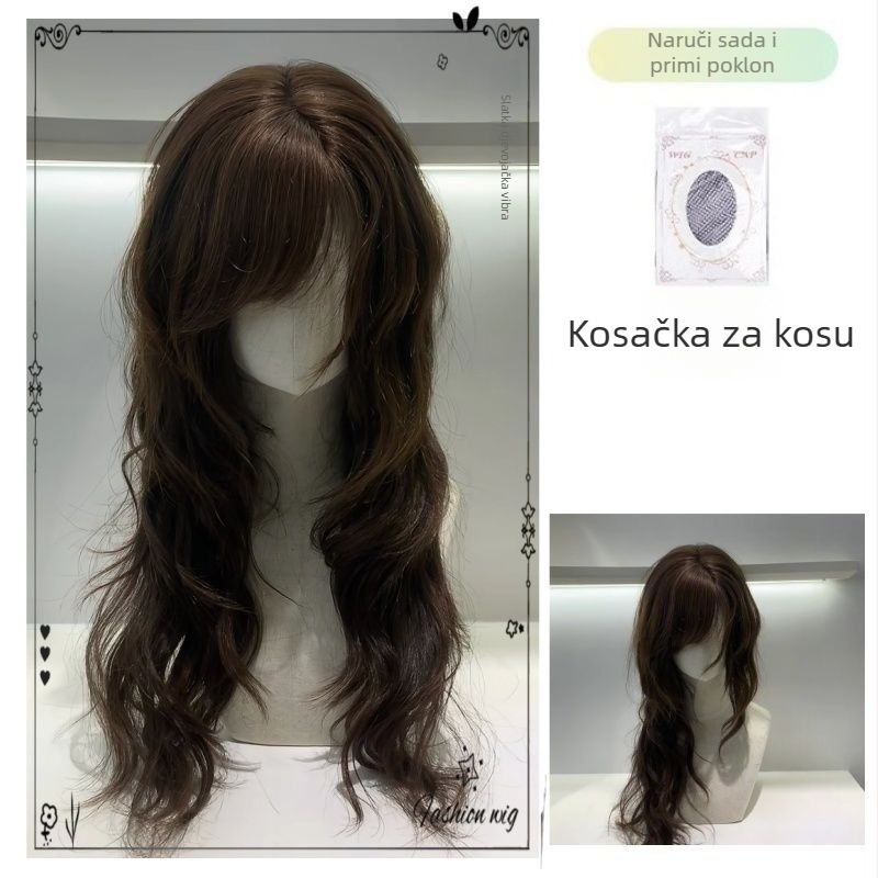 Duga kovrčava perika s kosim fringeom | materijal: vlakna otporna na visoke temperature | tehnologija obrade: mehanizam | prirodan izgled | dodaje volumen