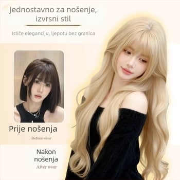 Perika za žene s dugim kovrčavim kosom, prirodan izgled, kosa od proteinskog svile, dugi šiške, potpuno pokrivanje glave