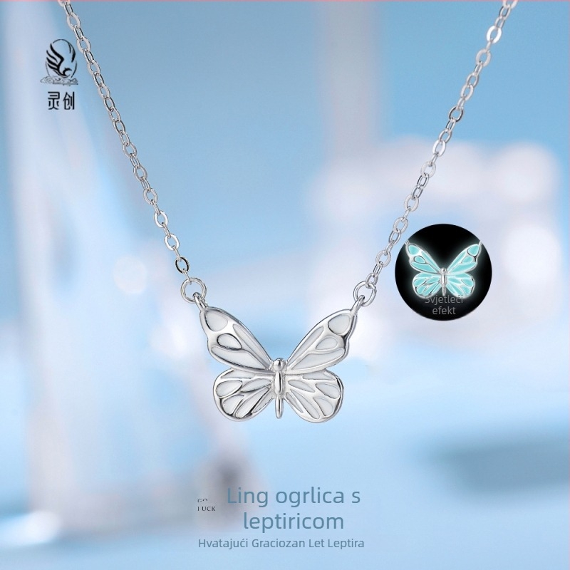 Ogrlica s leptir motifom, šumski stil, srebro S925, križni lanac, težina 1,9 g