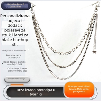 Trostruki lanac za hlače s pentagramom, metalna konstrukcija od željeza i legure, kopča od legure, zatvaranje kukom, hip-hop stil