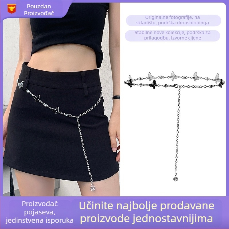 Ženski kaiš-lanac s motivom leptira — metal, duljina 110 cm, uredski stil