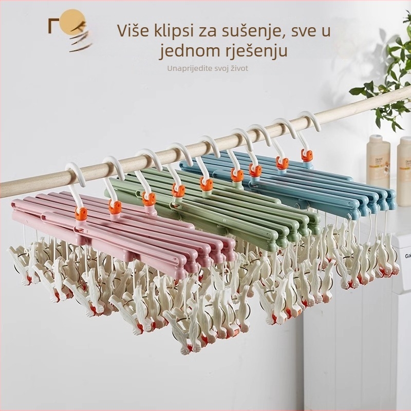Sklopivi teleskopski sušilac za odjeću s 16 klipova – plastika, kvadratni moderni dizajn, pogodan za čarape i odjeću