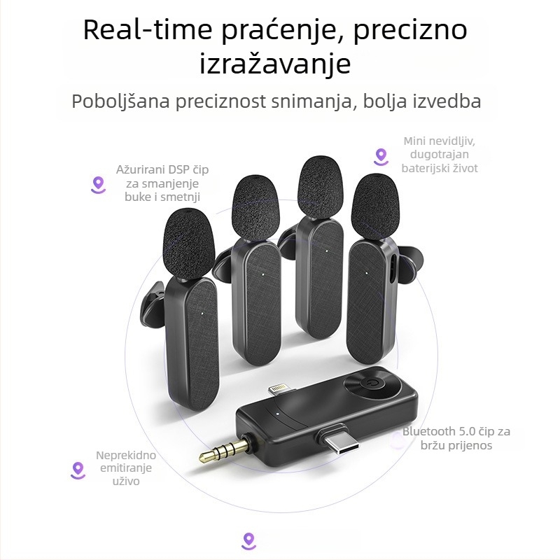 H18 Bežični lavalier mikrofon 1–4, 3-u-1 sučelje za prijenos uživo i snimanje s telefonom, redukcija šuma, Bluetooth 5.3, ugrađena baterija 500–800 mAh
