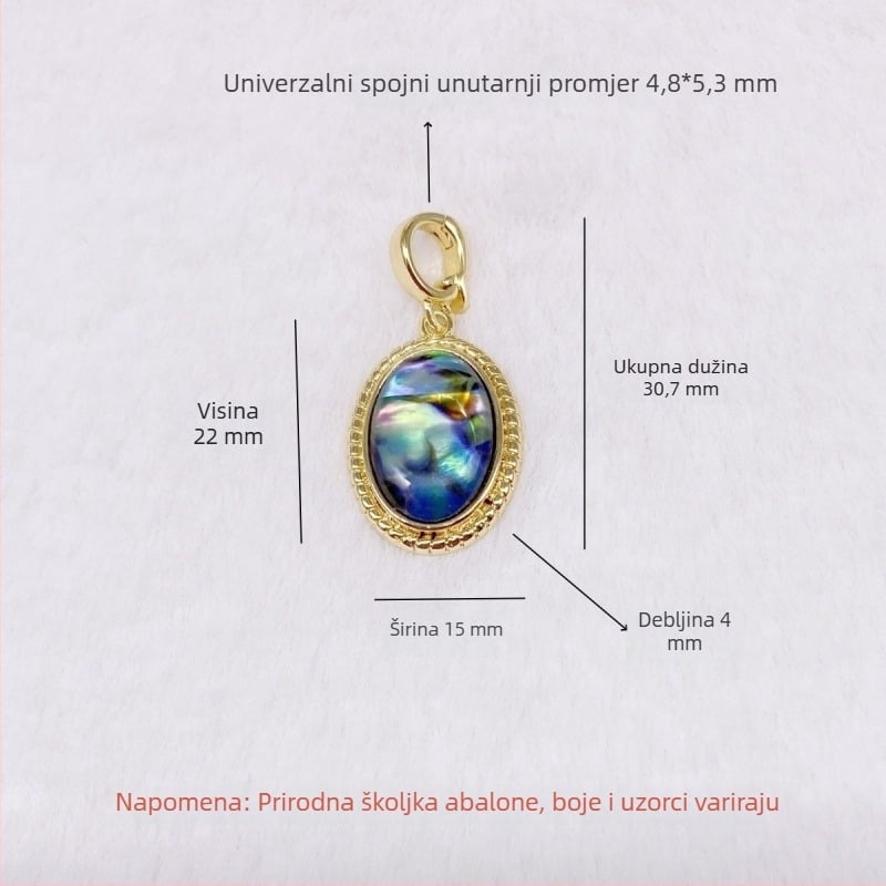 Ogrlica s zakrivljenim abalonskim školjkom i kapljasti privjesak, bakreno obložena 18K zlatom, geometrijski stil, proljeće 2025