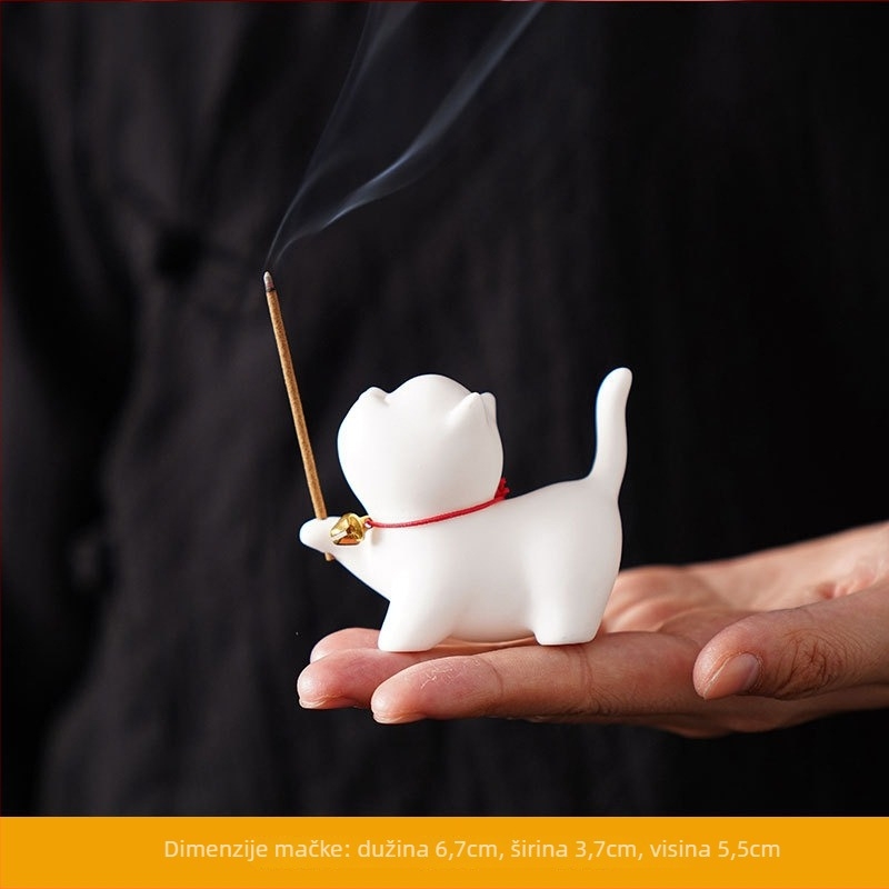 Keramički držač tamjana u obliku mačke, ručna izrada, Dehua porcelan, Yan Jun