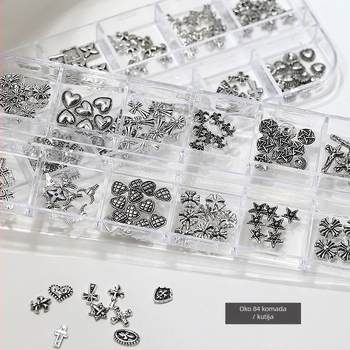 Dekoracije za nokte: križ i srce, Metalni križ u leguri s dijamantnim naglascima, kutija s 12 pretinaca