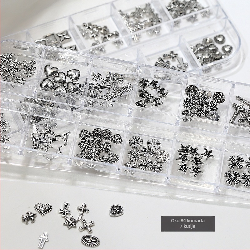 Dekoracije za nokte: križ i srce, Metalni križ u leguri s dijamantnim naglascima, kutija s 12 pretinaca