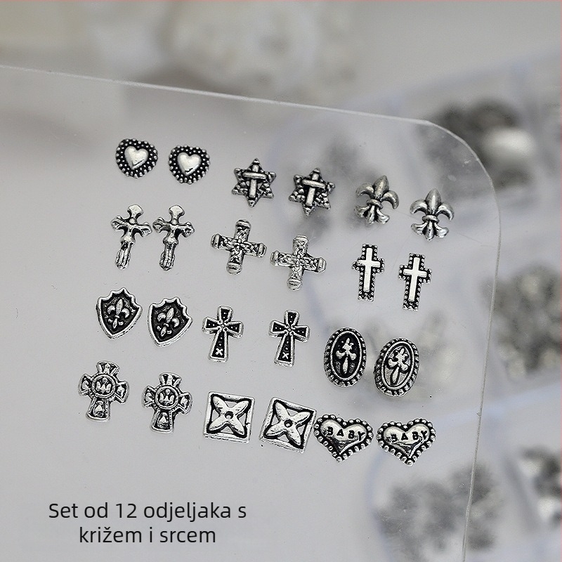 Dekoracije za nokte: križ i srce, Metalni križ u leguri s dijamantnim naglascima, kutija s 12 pretinaca
