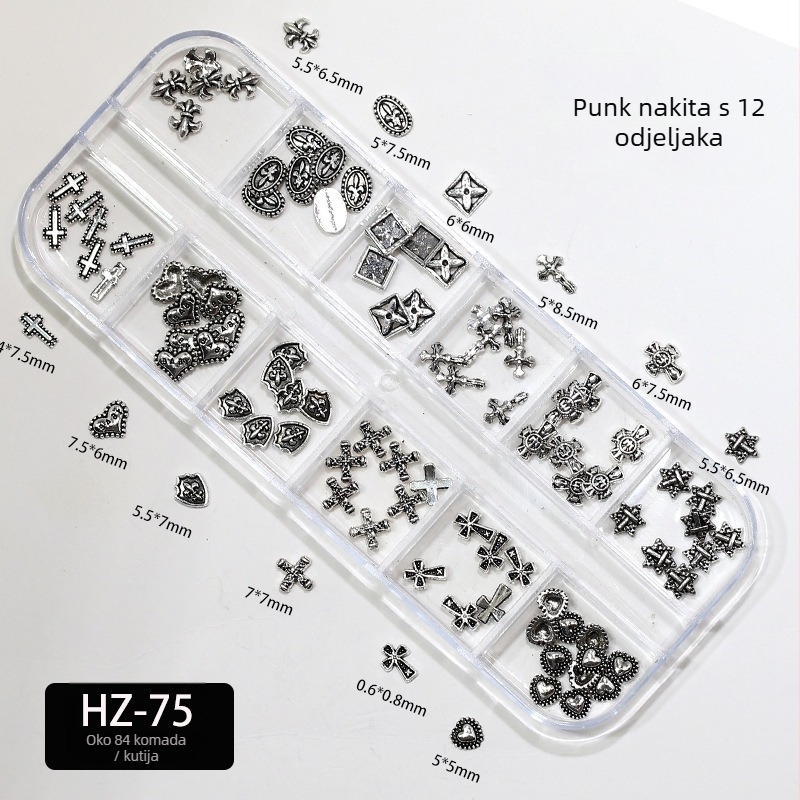 Dekoracije za nokte: križ i srce, Metalni križ u leguri s dijamantnim naglascima, kutija s 12 pretinaca