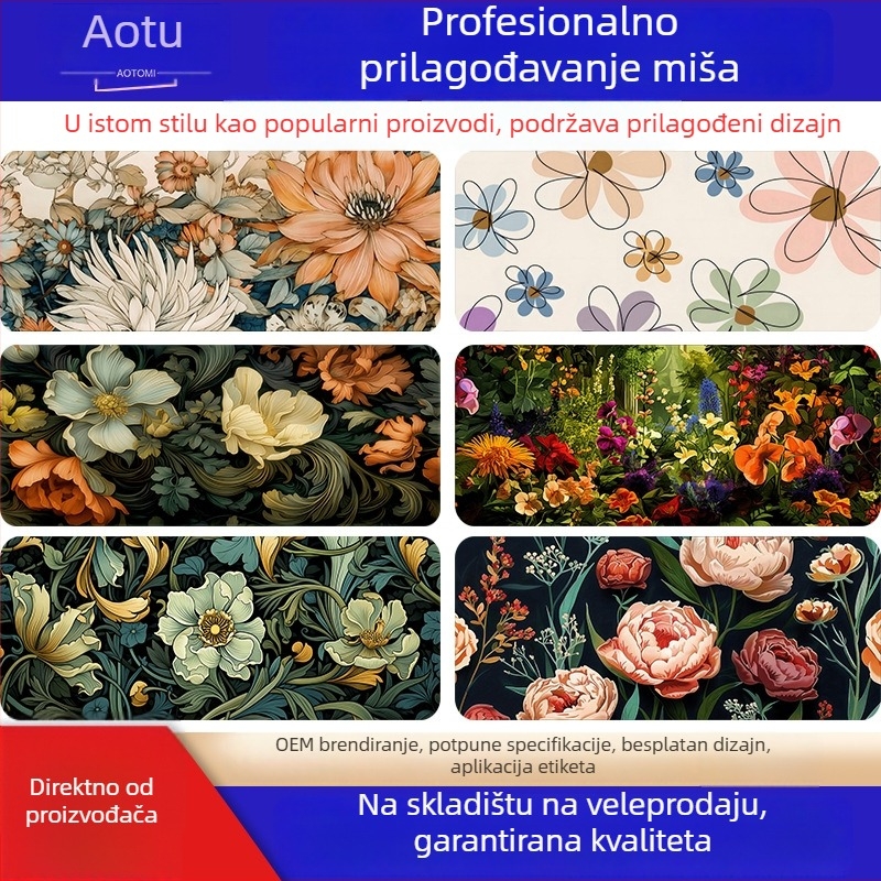 Podloga za miša za tipkovnicu s cvjetnim dizajnom, vrh s zaključnim rubom, velika, debela, otporna na mrlje, od prirodnog kaučuka; moguć ispis logotipa, prilagodba uzorka