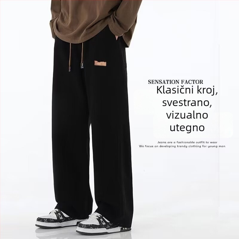 Muške traperice od denima s visokim strukom i vezanjem špage, ravni kroj, hip-hop casual stil, s patch detaljima, 70% pamuka