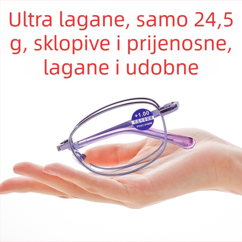 Sklopive naočale za čitanje za žene, prijenosne naočale s anti-plavim svjetlom, okrugli okvir, moderne naočale za starije osobe