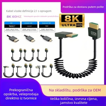 HDMI 2.1 iznimno tanak teleskopski opružni kabel sa bočnim kutom, duljina 1 m, podržava 8K60Hz