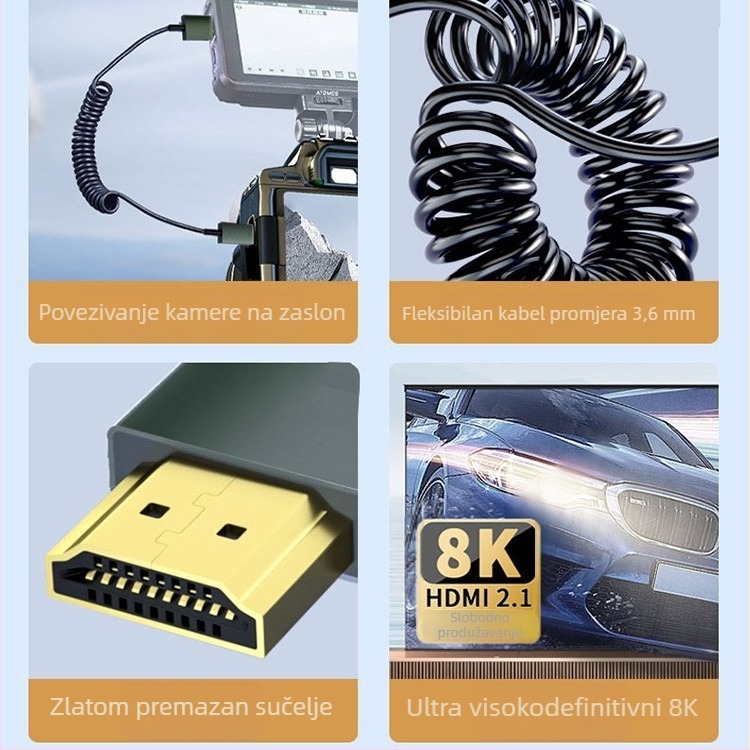 HDMI 2.1 iznimno tanak teleskopski opružni kabel sa bočnim kutom, duljina 1 m, podržava 8K60Hz