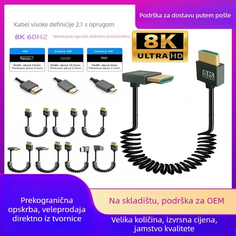 HDMI 2.1 iznimno tanak teleskopski opružni kabel sa bočnim kutom, duljina 1 m, podržava 8K60Hz