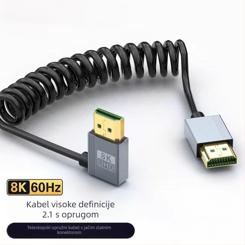HDMI 2.1 iznimno tanak teleskopski opružni kabel sa bočnim kutom, duljina 1 m, podržava 8K60Hz